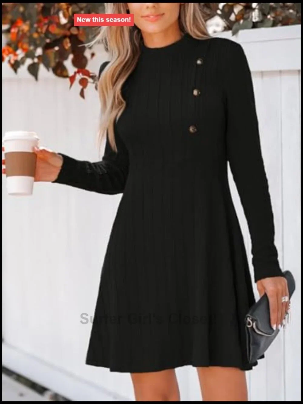 Women's Textured Knit A-Line Mini Dress Long Sleeve Button Detail Fall Casual
